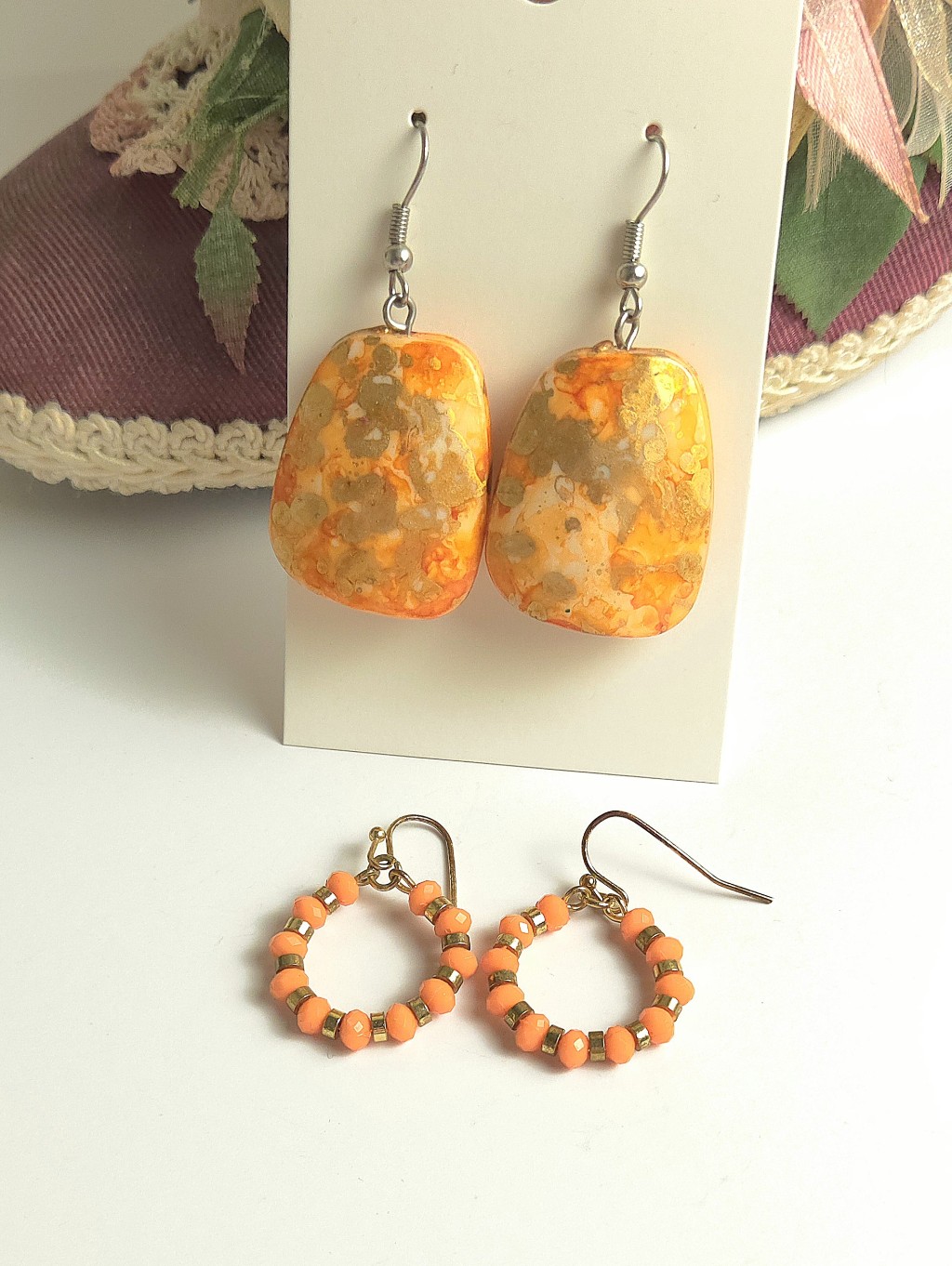 2 Pairs Orange & Gold Dangle Earrings Orange Crystal Hoop & Orange Statement